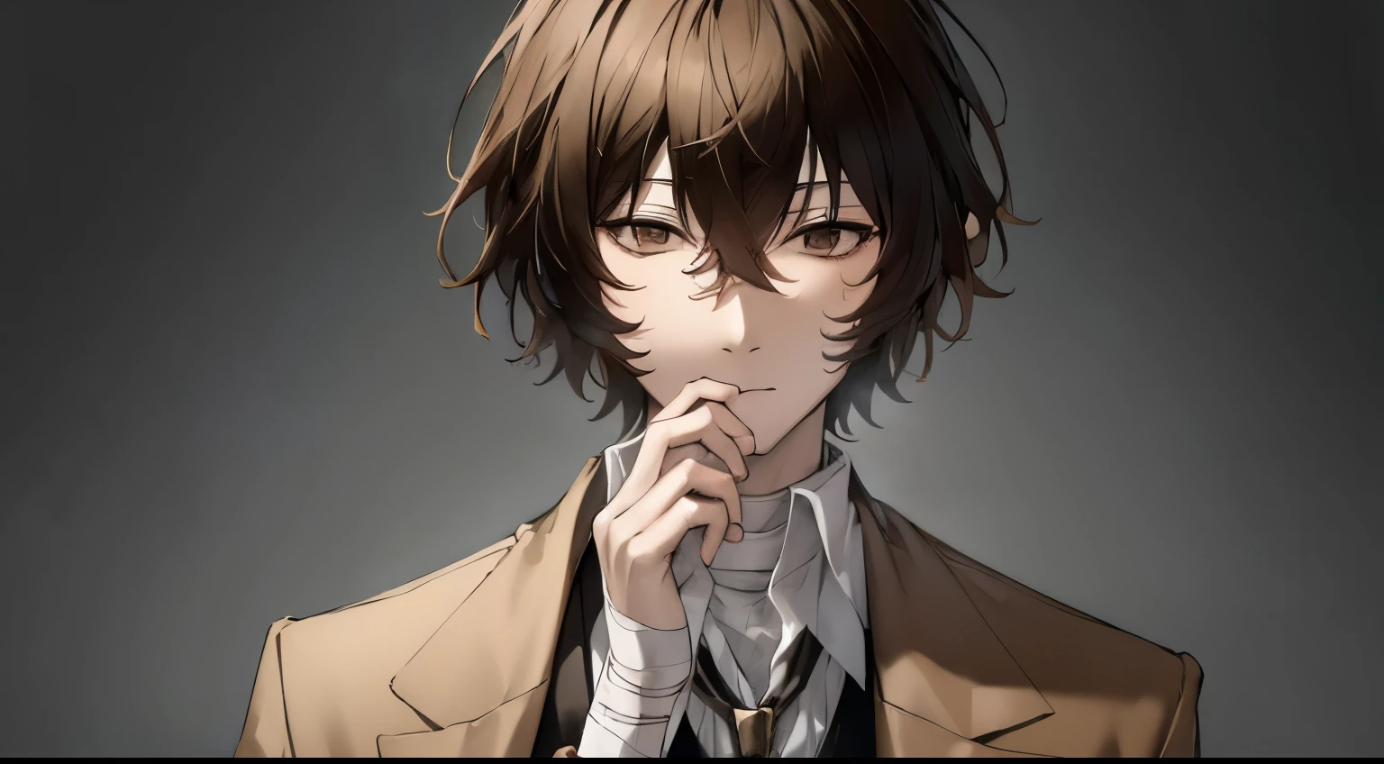 (masterpiece, best quality:1.2), Upper Body, Solitary, Male focus, 1 boy, Osamu Dazai, Poker face, Brown jacket, bandage