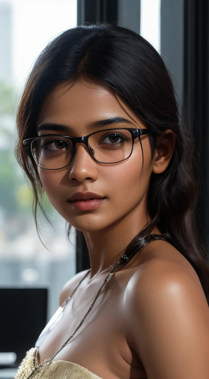 young bangladeshi girl, 18-year-old, office dress,with the glases,in a office, gentle lighting, intricate facial details, flawless complexion, top-notch 3D rendering, hyper-realistic, shot on Indian road. photorealistic digital art trending on Artstation 8k HD high definition detailed realistic, detailed, skin texture, hyper detailed, realistic skin texture, armature, best quality, ultra high res, (photorealistic:1.4),, high resolution, detailed, raw photo, 400 camera f1.6 lens rich colors hyper realistic lifelike texture dramatic lighting unrealengine trending on artstation cinestill 800, topless