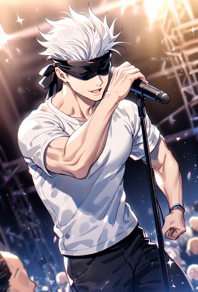 Ultra detailed, HDR, Highres, absurdres, masterpiece, best quality, solo focus, Gojou Satoru, white hair, black blindfold, covered eyes, white shirt, black pants, mic, Jujutsu Kaisen, sexy man, handsome, stage, concert, handsome, sensual, glittering, solo, manly man
