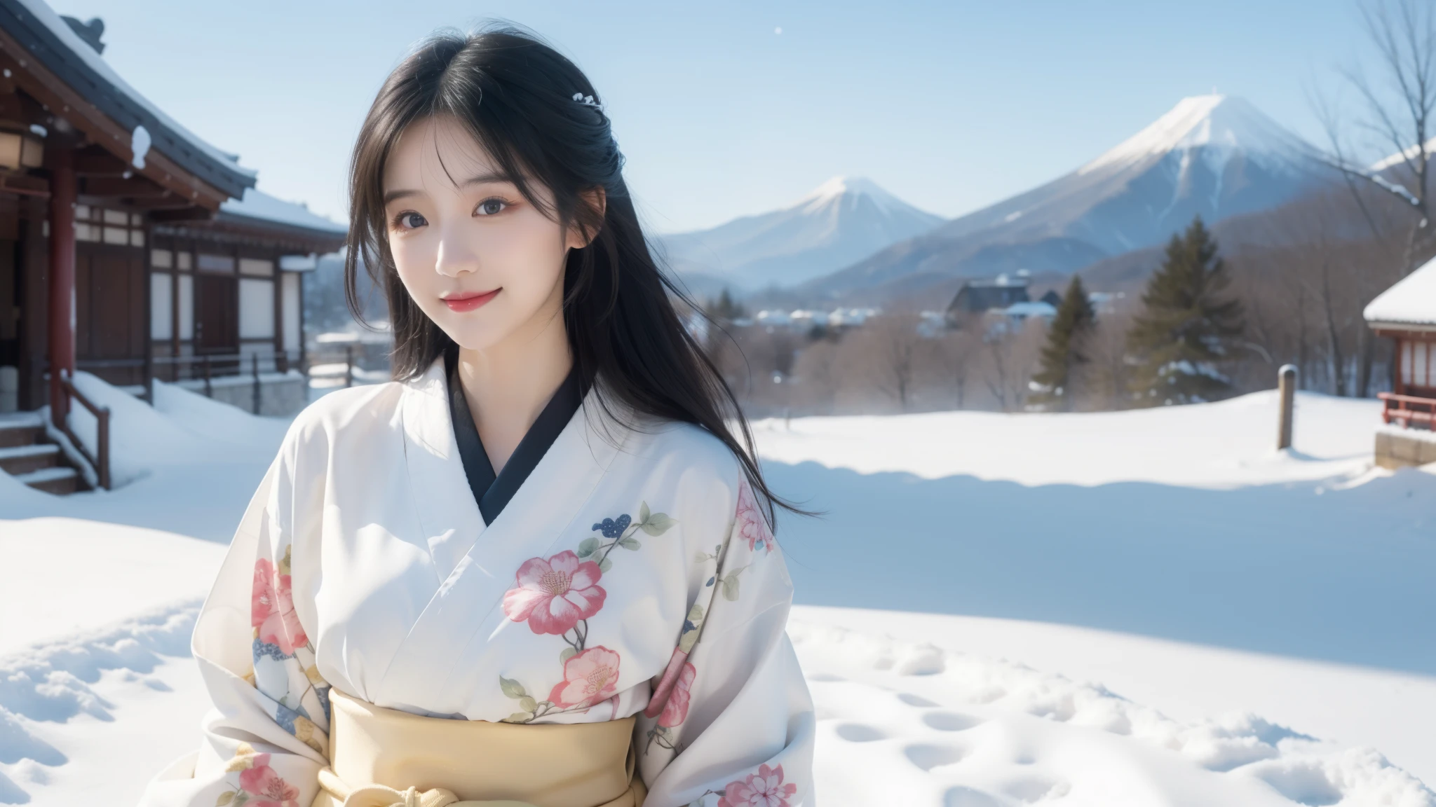 smile, wave hands, bye bye, Shortcuts, Hokkaido, front, winter, snow, 最high quality、high quality、Best image quality、8k、最High resolution、High resolution、Realistic photos, Healthy body, Beautiful Eyes, Flowing black hair, Colorful kimono, Calm expression, Soft lighting, Traditional Japanese art style, Vibrant colors, Peaceful atmosphere, Delicate features, Graceful posture, Beautiful Landscape