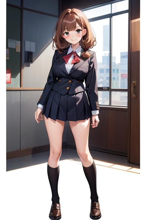 One person, Height: 165cm,Chestnut Hair, Half-up hairstyle, Asymmetrical bangs, Large Breasts, smile, Droopy eyes, high school uniform,Anime Style, Nice body,Full body portrait,Medium Hair,