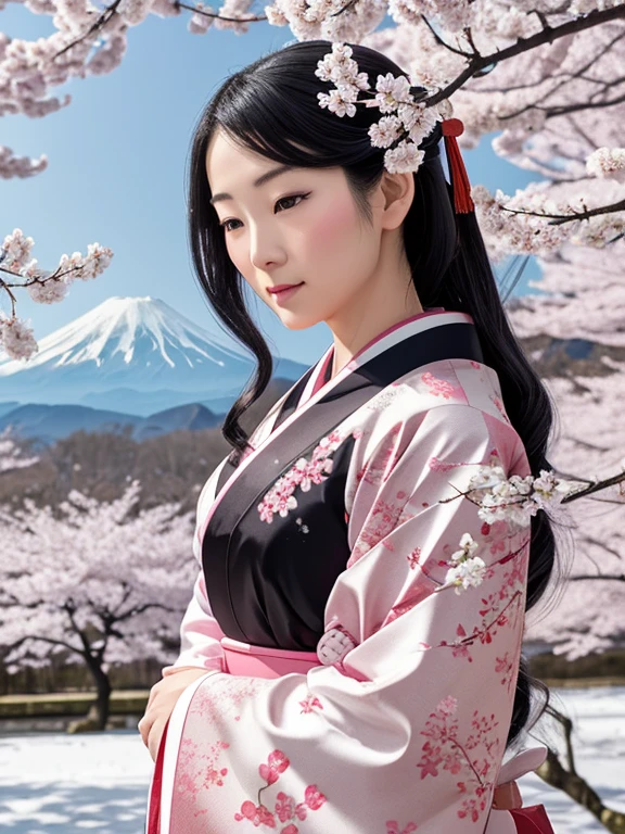Create a book cover image in the style of a Japanese ukiyo-e painting, featuring a woman in a traditional kimono, with her back to the camera, looking out at a cherry blossom tree under a light snowfall. The woman should have long, black hair, and the kimono should be white with gold accents. The cherry tree should be in the foreground, its branches laden with pink blossoms contrasting with the snow. In the background, a snow-capped Mount Fuji. The color palette should be muted, with shades of pink, white, blue, and gray. The mood of the image should be melancholic and contemplative, conveying a sense of ephemeral beauty and the passage of time.