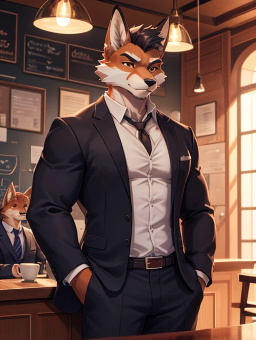 (a masterpiece, high quality, detailed image, 8k, Wallpaper, good lighting) 1 person, male fox furry, casual clothes, muscular, good body, athletic body, attractive zorro, very handsome, business person, furry,  well defined details, in a coffee shop, businessman 