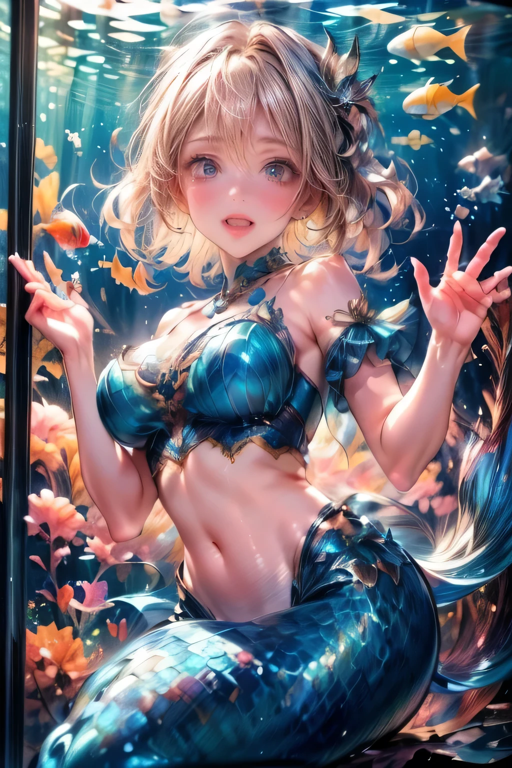 a cute girl,mermaid,floating in a large aquarium tank,joyful expression,half open mouth,bare shoulder,navel,strapless,detailed face,realistic,photorealistic,8k,highres,masterpiece,ultra-detailed,vivid colors,beautiful lighting,serene underwater scene