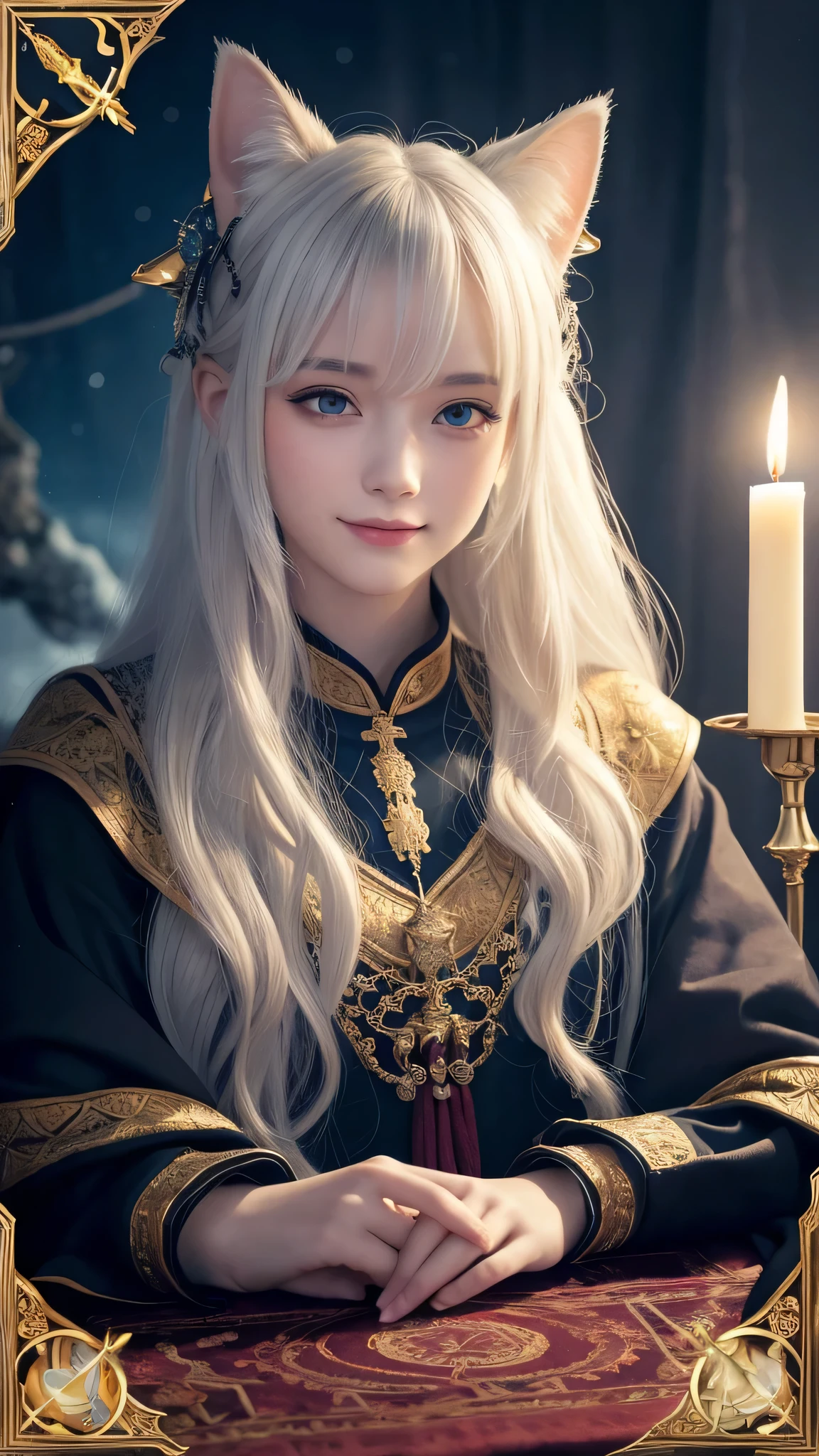 (masterpiece, highest quality, highest quality, official art, beautiful and aesthetic: 1.2), (one girl: 1.3), wavy long hair, white hair, Cat ears on the head,highly detailed portrait, highly detailed hands, looking at the viewer, alone, (whole body: 0.6), detailed background, close, shining eyes, (cold arctic winter theme: 1.1), fortune teller, Charlatan, grin, Mysterious, sitting at the table, カラフルな肩のないゆるいジプシーfortune tellerの服, holy grail, tarot cards, Crystal jade, Medieval (inner tent: 1.1) background, tent curtain on background, dark Mysterious lighting, Shadow, magical atmosphere, starry night, dutch angle, healing and guidance, transcendental beauty, fractal art, Seaweed,