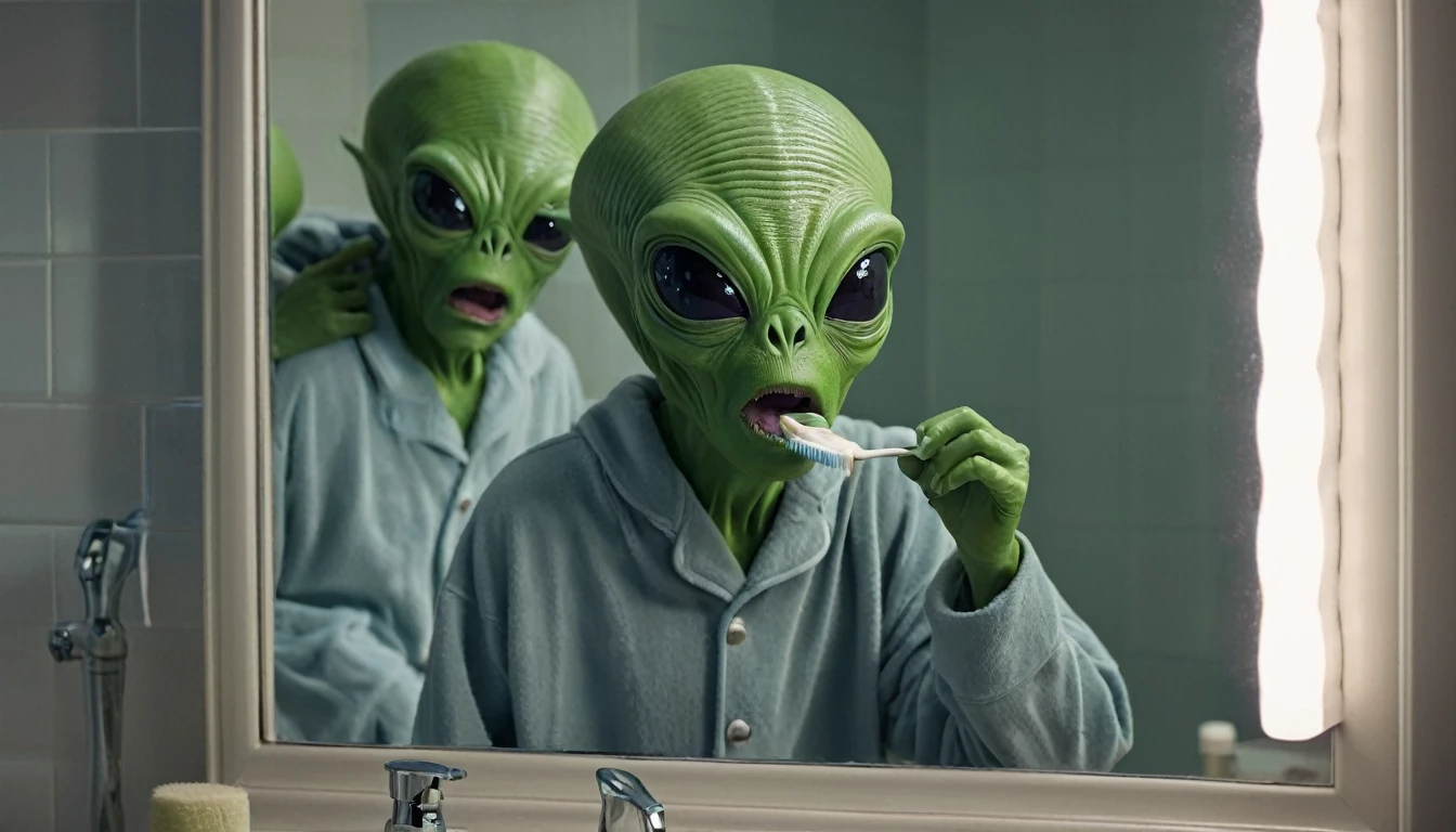 The alien is wearing pajamas. He's in the bathroom brushing his teeth in front of the mirror. He has a high cap on his head. The image is positive, with a sense of humor. High quality, Realistic, 16 KB resolution, Nikon Z9, Digital photography, ultratextured skin, Realistic photography, Cinematic effect, soft light, soft shadows, high-quality surround lighting