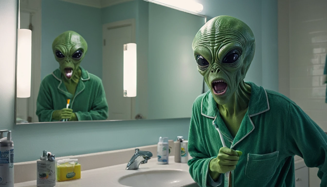 The alien is wearing pajamas. He's in the bathroom brushing his teeth in front of the mirror. He has a high cap on his head. The image is positive, with a sense of humor. High quality, Realistic, 16 KB resolution, Nikon Z9, Digital photography, ultratextured skin, Realistic photography, Cinematic effect, soft light, soft shadows, high-quality surround lighting