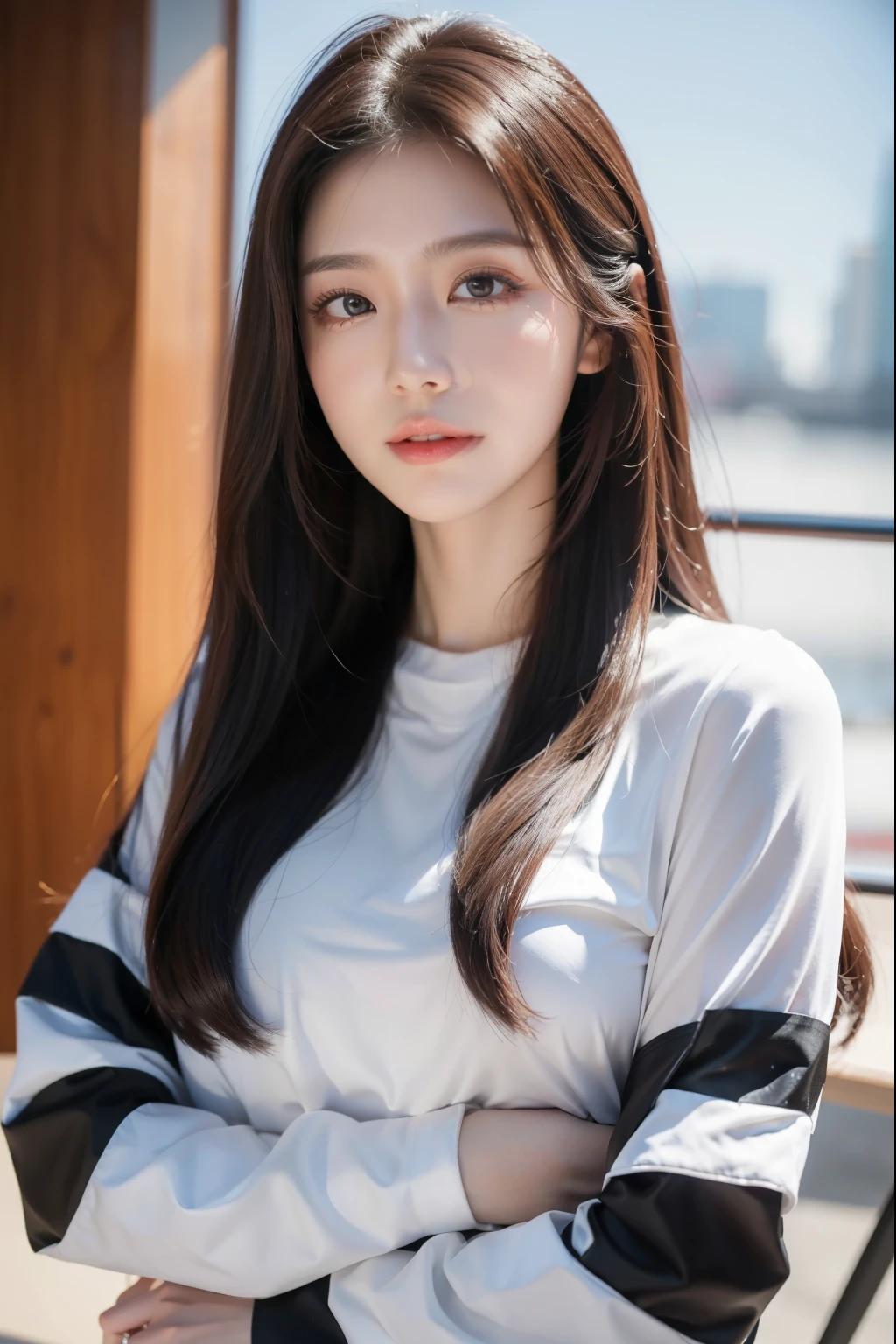 "A beautiful and charming young woman named Avril Lin, a trainee idol from a knowledge-based game. She has long hair styled in a hime cut, with most of her hair colored a deep purple, while some sections are lighter. Her eyes are warm and kind, reflecting her gentle and compassionate nature. She is dressed in an elegant, modern outfit that suits her idol persona, with subtle futuristic elements to match the game's theme. Avril stands confidently, exuding a natural grace and friendliness, with a backdrop hinting at a high-tech, vibrant world." super fine eyes, super fine face, super fine nose, super fine mouth, super fine fingers, super fine body, super fine hand, perfect body, golden ratio, good shape, muscular, super realistic, beautiful girl, asian girl, perfect idol.