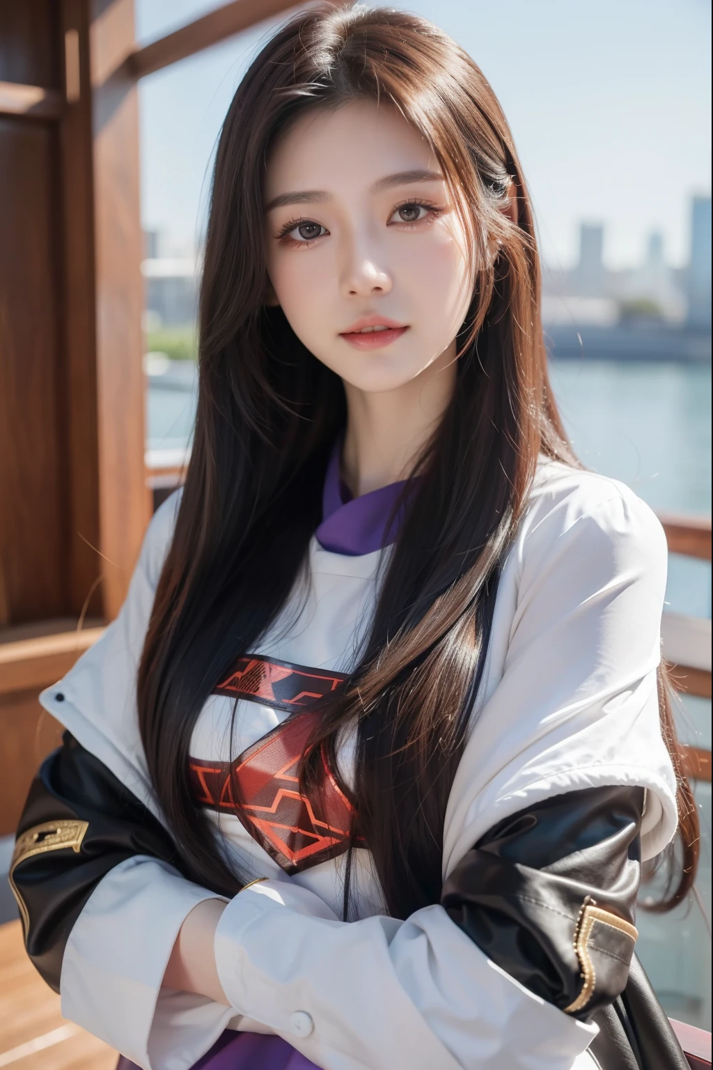 "A beautiful and charming young woman named Avril Lin, a trainee idol from a knowledge-based game. She has long hair styled in a hime cut, with most of her hair colored a deep purple, while some sections are lighter. Her eyes are warm and kind, reflecting her gentle and compassionate nature. She is dressed in an elegant, modern outfit that suits her idol persona, with subtle futuristic elements to match the game's theme. Avril stands confidently, exuding a natural grace and friendliness, with a backdrop hinting at a high-tech, vibrant world." super fine eyes, super fine face, super fine nose, super fine mouth, super fine fingers, super fine body, super fine hand, perfect body, golden ratio, good shape, muscular, super realistic, beautiful girl, asian girl, perfect idol.