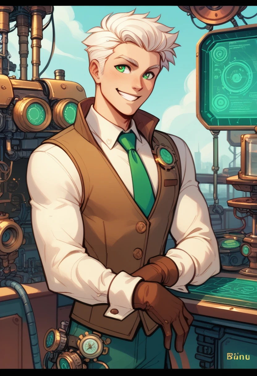 Human Male, white hair , Green pupils ,(( Concept ART )) ,Smile , Brown Vest , Green Tie ,electro swing ,steampunk ,Gloves