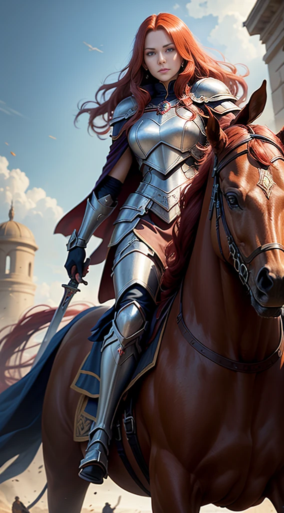 Sylara, mature woman of 40 with intense, long red hair, blue eyes, wears royal battle armor, a commander's cloak, a sword or weapon of choice, a regal helmet, enchanted combat boots, gauntlets of power, and magical-technological auxiliary equipment, In anime format, with the background of a battlefield, Riding a horse