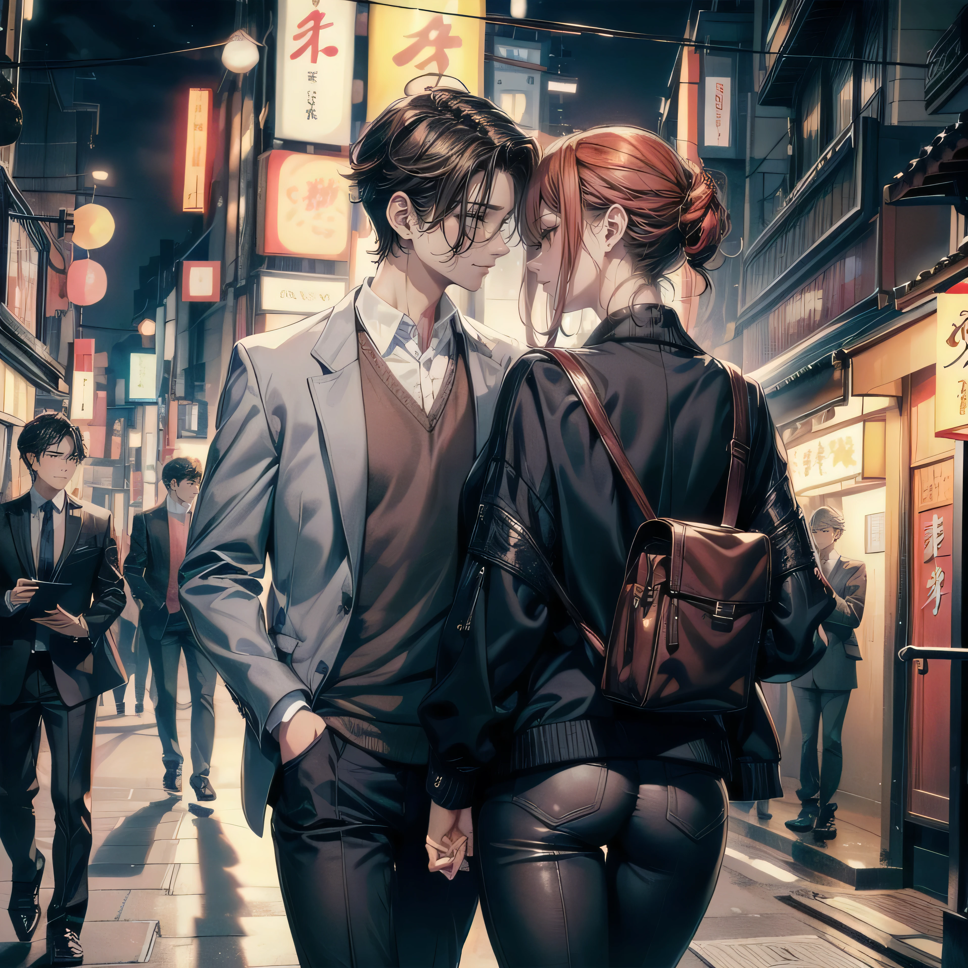 masculine, elegant, mature boy, high school student, dark brown haired boy, masculine, manly, small rear, beautiful detailed full dark brown eyes, wearing glasses, perfect eyes, ropa juvenil elegant hombre, black pants, the boy is more mature, mature boy)) (detailed lighting), ((detailed background)), ((romantic date at night walking through the streets of Tokyo)), full body shot, ((5 perfect every finger, perfect end, whole finger, perfect finger, perfect arm)) ((man and woman)) is much smaller than the boy))) ((couple of a girl and a boy)) ((big)) (((the boy is very tall, the girl is very short))) ((perfect fingers, perfect hands)) ((perfect feet)) ((kiss face to face, very close)) ((perfect detailed face)).look at each other, smilling at each other, the girl has a well endowed body, red hair, blue eyes