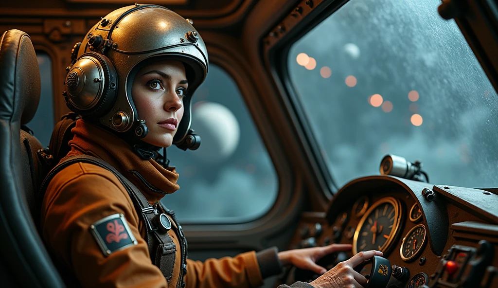 an experienced alien pilot inside a futuristic cockpit. The woman, dressed in a brown spacesuit, sports a pilot's helmet with shiny metal details with a steampunk influence. Dark and old-fashioned atmosphere, her expression is concentrated and determined, emphasizing her role as spaceship pilot, she looks at us. The cockpit is richly detailed with complex controls, displays and gauges that demonstrate a high-tech and old-fashioned environment. Through the cockpit canopy, a dark and mysterious space is revealed with distant planets and a kind of cosmic storm, reinforcing the atmosphere of interstellar adventure. The lighting in the scene is soft but sharp enough to show the textures and details of the materials, both on the suit and the cockpit surfaces.