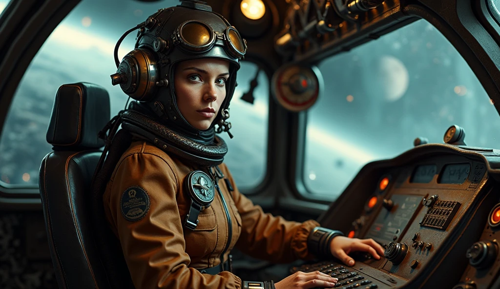 an experienced alien pilot inside a futuristic cockpit. The woman, dressed in a brown spacesuit, sports a pilot's helmet with shiny metal details with a steampunk influence. Dark and old-fashioned atmosphere, her expression is concentrated and determined, emphasizing her role as spaceship pilot, she looks at us. The cockpit is richly detailed with complex controls, displays and gauges that demonstrate a high-tech and old-fashioned environment. Through the cockpit canopy, a dark and mysterious space is revealed with distant planets and a kind of cosmic storm, reinforcing the atmosphere of interstellar adventure. The lighting in the scene is soft but sharp enough to show the textures and details of the materials, both on the suit and the cockpit surfaces.