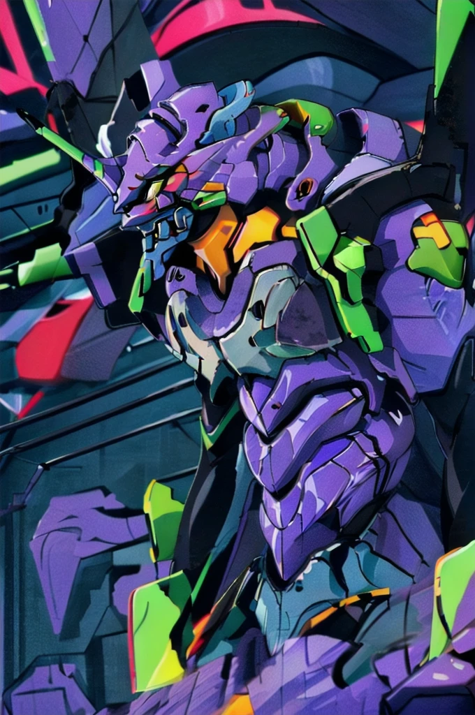 (high resolution)An image of a robot emitting green and yellow light, (Eva Unit 01), neon genesis Evangelion style, ( Evangelion ), from Evangelion, Evangelion anime, neon genesis Evangelion,(Eva Unit 013),Evangelion concept art,