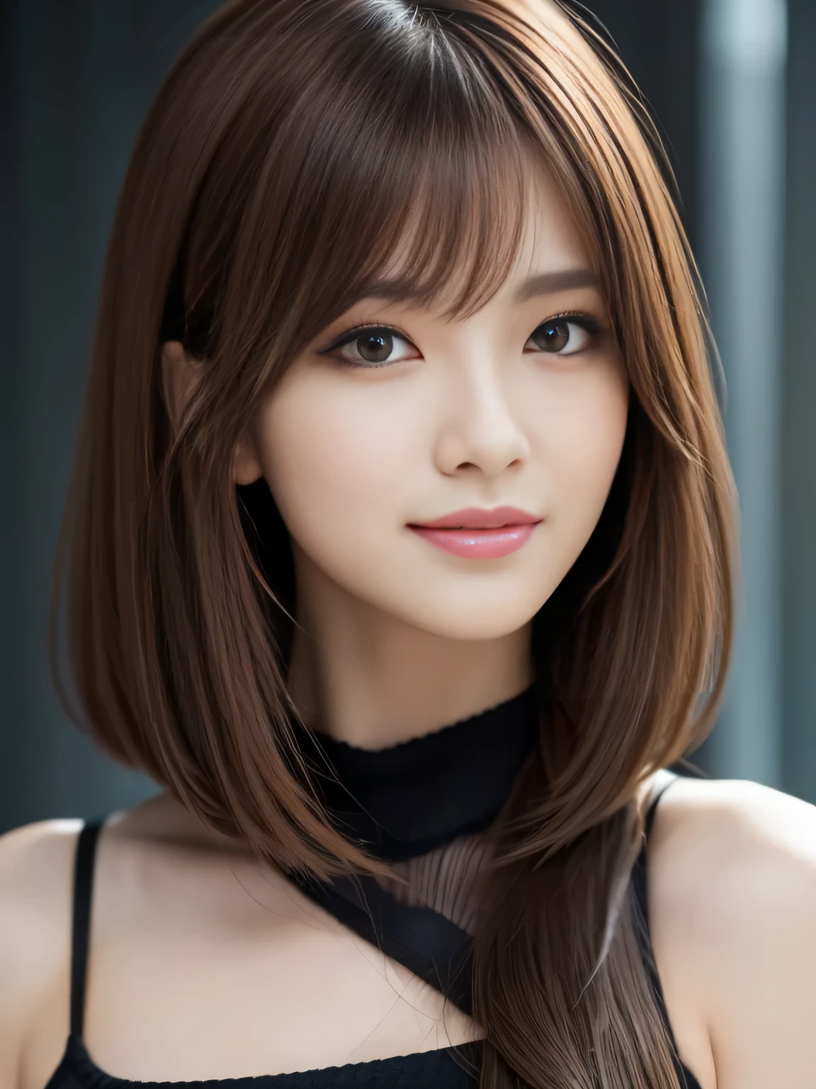 masterpiece, best quality, ultra-detailed, intricately detailed hyperdetailed, realistic, sharp features, highly detailed, sharp focus, Realistic, Photorealistic:1.3, (:1.5), perfect face, perfect symmetrically eyes, perfect full lips, hyper detailed, hyper realistic, high resolution, Fashion Model, Japanese Idol, Slender, brown hair, Stylish, model poses, Beautiful Face, light brown hair, messy hair, asymmetrical bangs, (seductive smile:1.2), (looking at viewer), cinematic lighting, grey background, (Black knit:1.2), portrait