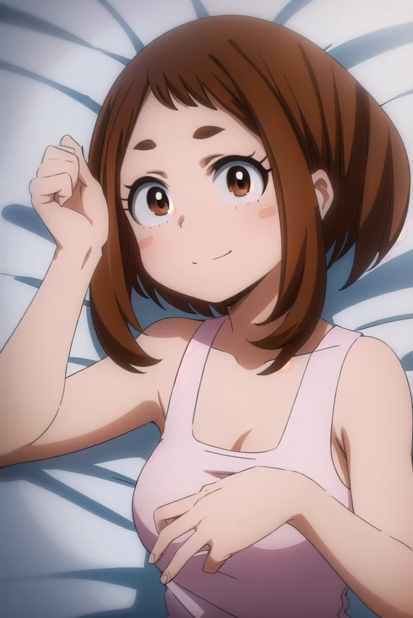 ochakouraraka, ochako uraraka, (uraraka ochako:1.5), (brown eyes:1.5), brown hair, short hair, blush, blush stickers, smile,
BREAK bare shoulders, pajamas,bare shoulders,medium breasts,bare legs,cleavage,frilled dress,collarbone,bare foot,(masterpiece:1.2), nsfw, best quality, high resolution, unity 8k wallpaper, (illustration:0.8), (beautiful detailed eyes:1.6), extremely detailed face, perfect lighting, extremely detailed CG, (perfect hands, perfect anatomy),Bedroom, whole body,lying on a bed in a relaxed position, wearing a thin gray tank top, POV (pov viewer's hands holding girl's wrist