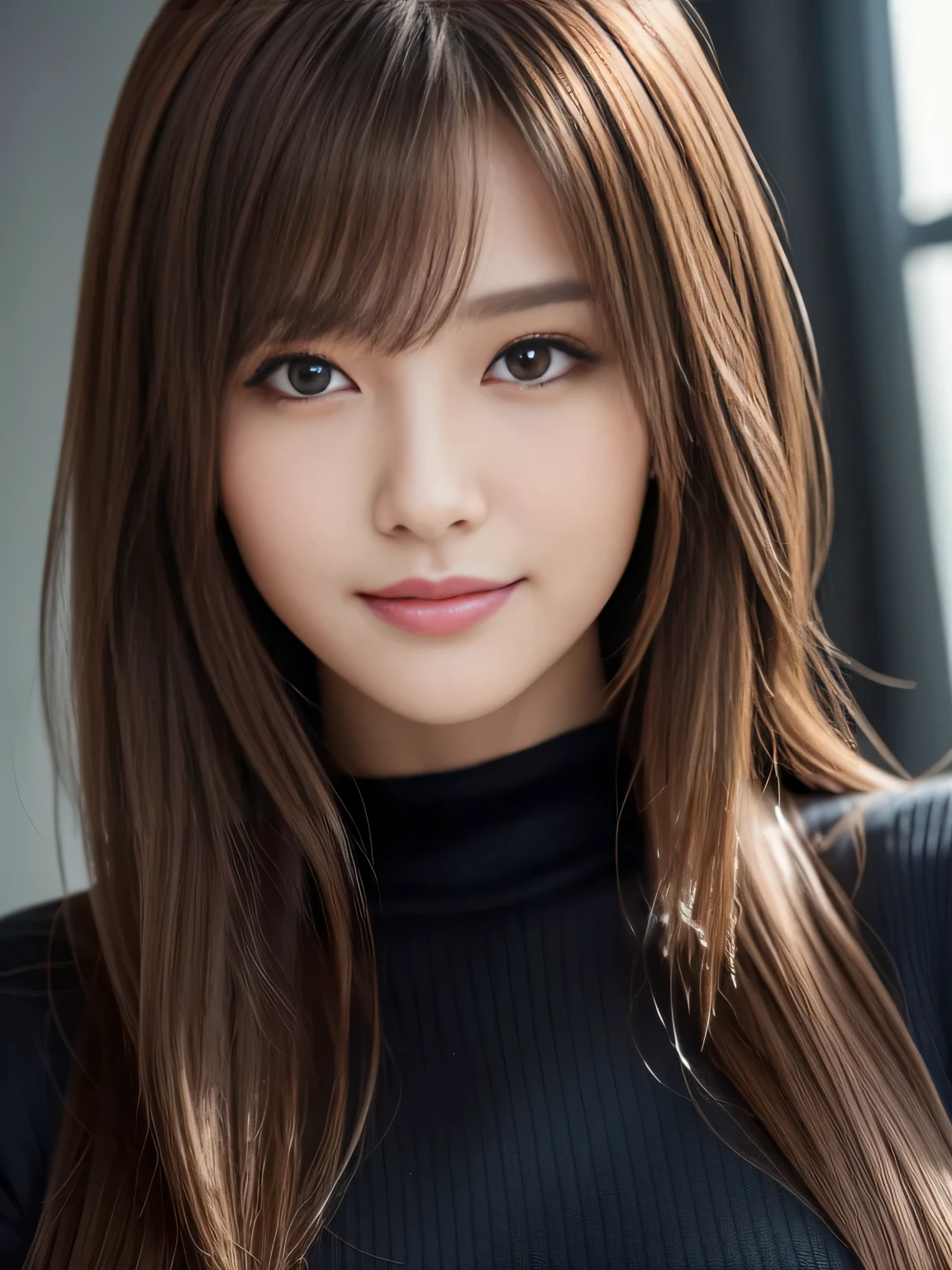 masterpiece, best quality, ultra-detailed, intricately detailed hyperdetailed, realistic, sharp features, highly detailed, sharp focus, Realistic, Photorealistic:1.3, (:1.5), perfect face, perfect symmetrically eyes, perfect full lips, hyper detailed, hyper realistic, high resolution, Fashion Model, Japanese Idol, Slender, brown hair, Stylish, model poses, Beautiful Face, light brown hair, messy hair, asymmetrical bangs, (seductive smile:1.2), (looking at viewer), cinematic lighting, grey background, (Black knit:1.2), portrait