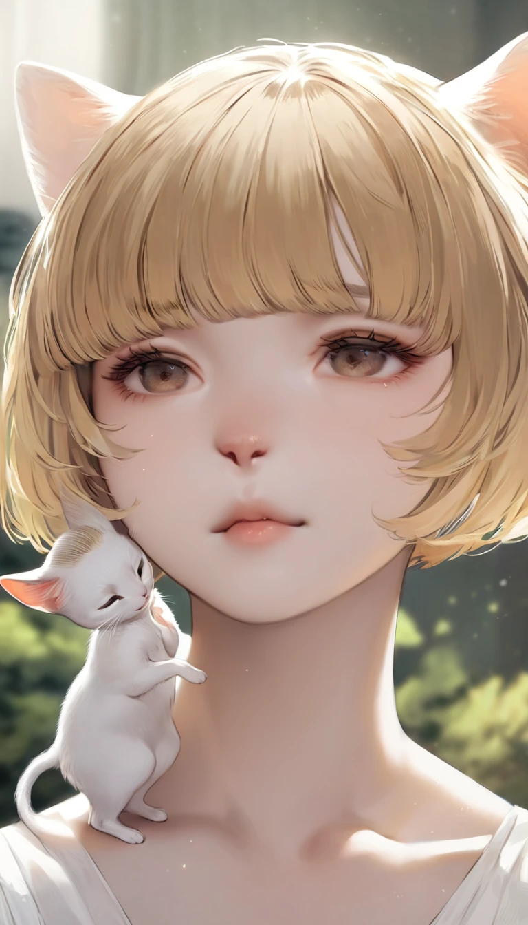 Best quality, super excellent, 16 thousand., incredibly absurd, extremely detailed, gentle and dynamic, beautiful woman, , short stature, short haircut, White skin, blonde hair, square haircut, white ears, Cat's ears, Snide look, smile, One, cat tag, blue top with sleeves, Gray skirt, Blue eyes, black boots, white fluffy tail, ((Blue eyes)), , smiling, Cinematic composition, dynamic pose, smile, woolry, wool, fluffy wool,, Large proportion, Cute, Cute позу, pastel-colored forest, Pop art