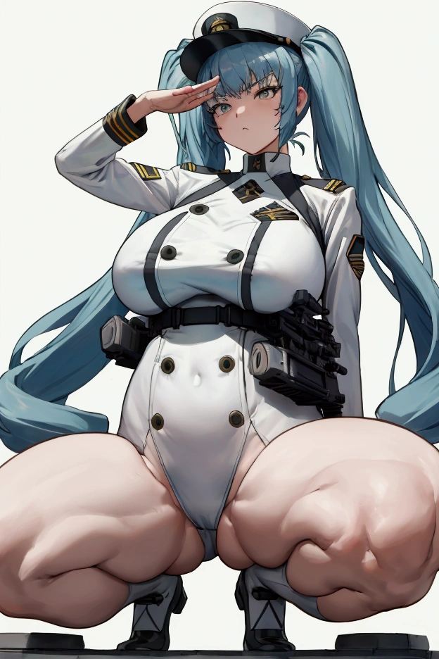 (privacy),(Light blue hair)、(Long twin tails)、(White tight military uniform),(White military cap)、(True to prompts)、(salute)、(Have a machine gun)、(Squat)、(Spread your legs)、(Glaring with sharp eyes)、(Super big breasts),(Busy Street)、(Many people々々々々々々々々々々々々)、(sunny)、(blue sky)、(Best lighting)、{{{Browsing Caution}}}、{{{masterpiece}}}, {{{Highest quality}}}, {{ultra-detailed}}, {{shape}}, {{{Very delicate and beautiful}}},{{extremely detailed CG}}、{{unity 8k portrait}}、{{Fabric Shading}}、{{super detailed skin}}、{{Perfect Anatomy}}、{{detailed}}、{{Dynamic Lighting}}、{{{beautiful detailed eyes}}}、{{{beautiful detailed Face}}}、(Perfect Legs)、(Perfect breasts)、(Perfect pose)、(Perfect body)