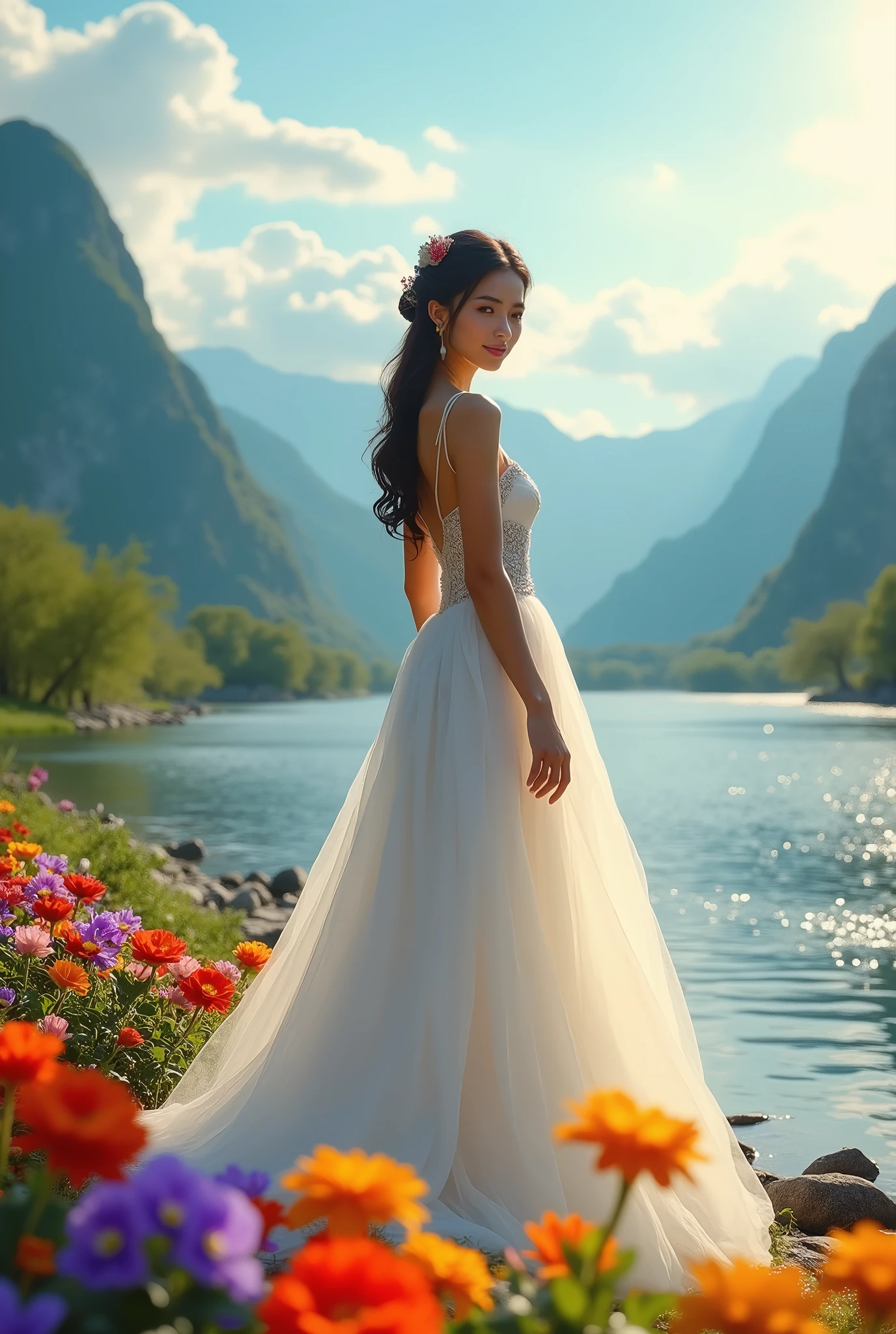 a vietnamese girl, wearing a wedding dress, white wedding dress, hot body, slim waist, big breasts, standing by the river, at her feet are colorful flowers, purple, pink, yellow, red, in the distance is a mountain, with the sunlight shining on the mountain, blue clouds swirling around the mountain, yellow sunlight dyeing the river, green, flowers, beautiful, idyllic, wonderful, absurd, surreal, textured, maximum detail, dslr, transparent clothes, masterpiece, best quality: 1.2),, (8k, high resolution, RAW image, realistic, true to life: 1.3), (detailed skin texture, detailed fabric texture, detailed water, detailed body texture, beautiful detailed face: 1.25), professional lighting, photon mapping, beautiful soft light, radiation, physically based rendering, ray tracing, model shooting style, model shooting style, (CG unity background 8k ultra-detail), full body photo of the world's most beautiful artwork, (8k, high resolution, RAW image, realistic, photorealistic: 1.3), (detailed skin texture, detailed cloth texture, detailed water, detailed trees, detailed textured flowers, detailed leaves, detailed colors, beautifully detailed faces: 1.25), professional lighting, photon mapping, beautiful soft light, brightness, physically based rendering, ray tracing, model shooting style, model shooting style, (Unity's 8k ultra-detailed CG background), the world's most beautiful full body photo,