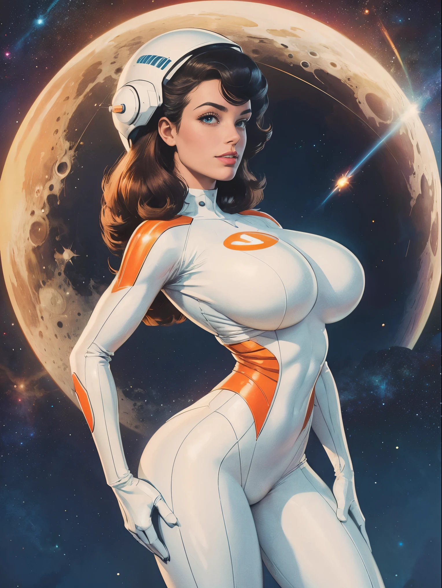 (masterpiece, top quality, best quality, official art, beautiful and aesthetic:1.2), (1girl:1.3), light freckles, fair skin, extremely detailed, portrait, looking at viewer, solo, (full body:0.6), detailed background, close up, (bright space pinup theme:1.1), busty 1950's pinup brunette space girl, charlatan, smiling, happy, mysterious, spacewalk, modest attire, white and orange space suit, spacesuit, helmet, bodysuit, ray gun, long boots, pouches, jetpack, glass helmet, rocket ship, ((((narrow hips, slim sexy body, gigantic breasts)))), slim waist, slim hips, long legs, futuristic (moon exterior:1.1) background, dark mysterious lighting, shadows, magical atmosphere, dutch angle,