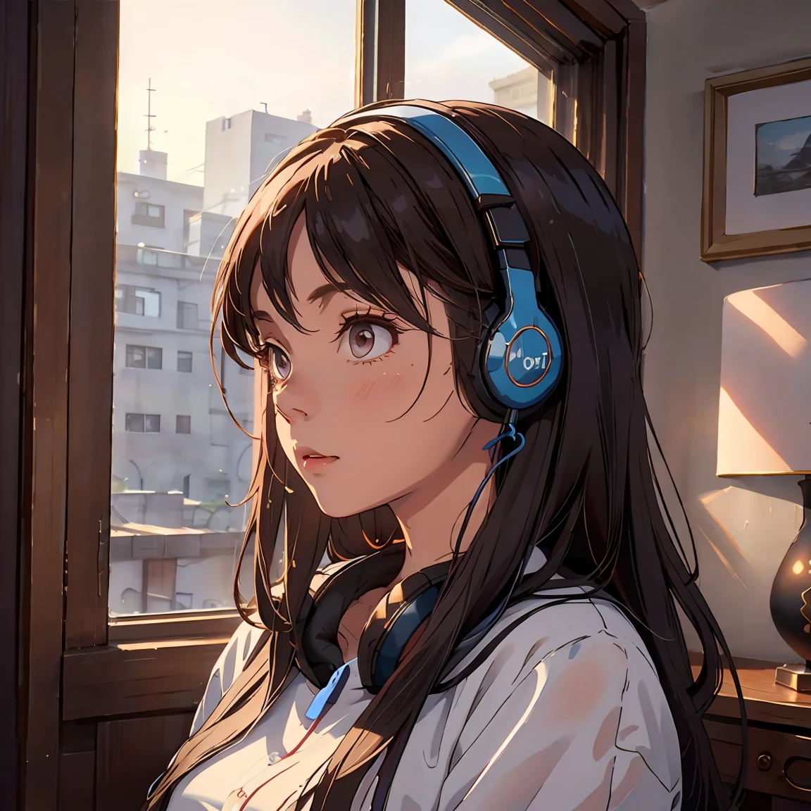 Optimal，masterpiece，High resolution，Highest quality，A warm room。A beautiful woman looking out the window。Wearing one headphone。It&#39;s night outside。Clothes are hoodies。profile。Close ~ eyes