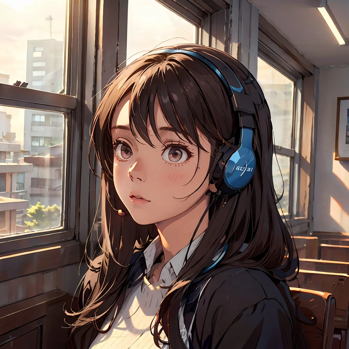 Optimal，masterpiece，High resolution，Highest quality，A warm room。A beautiful woman looking out the window。Wearing one headphone。It&#39;s night outside。Clothes are hoodies。profile。Close ~ eyes