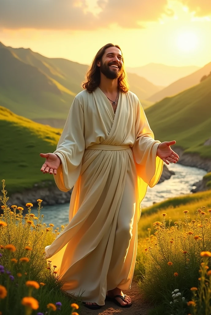 Wonderful Jesus Christ with a smile on his face against the background of a wonderful landscape
