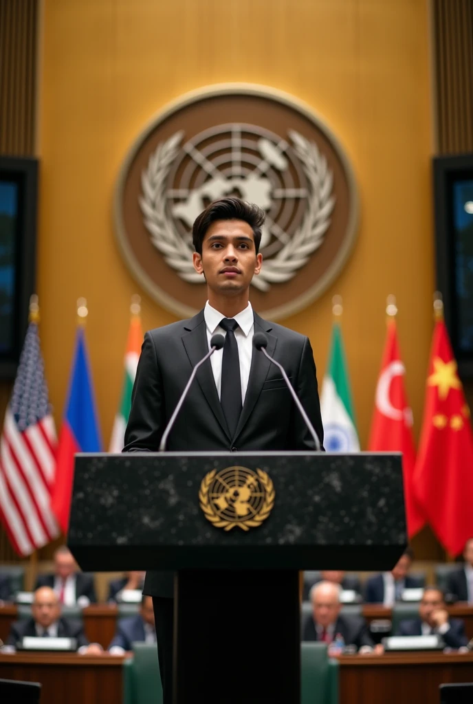 Bangladeshi male student in united nation conference giving speech. Include UN logo and flags of  USA, China, India, Russia