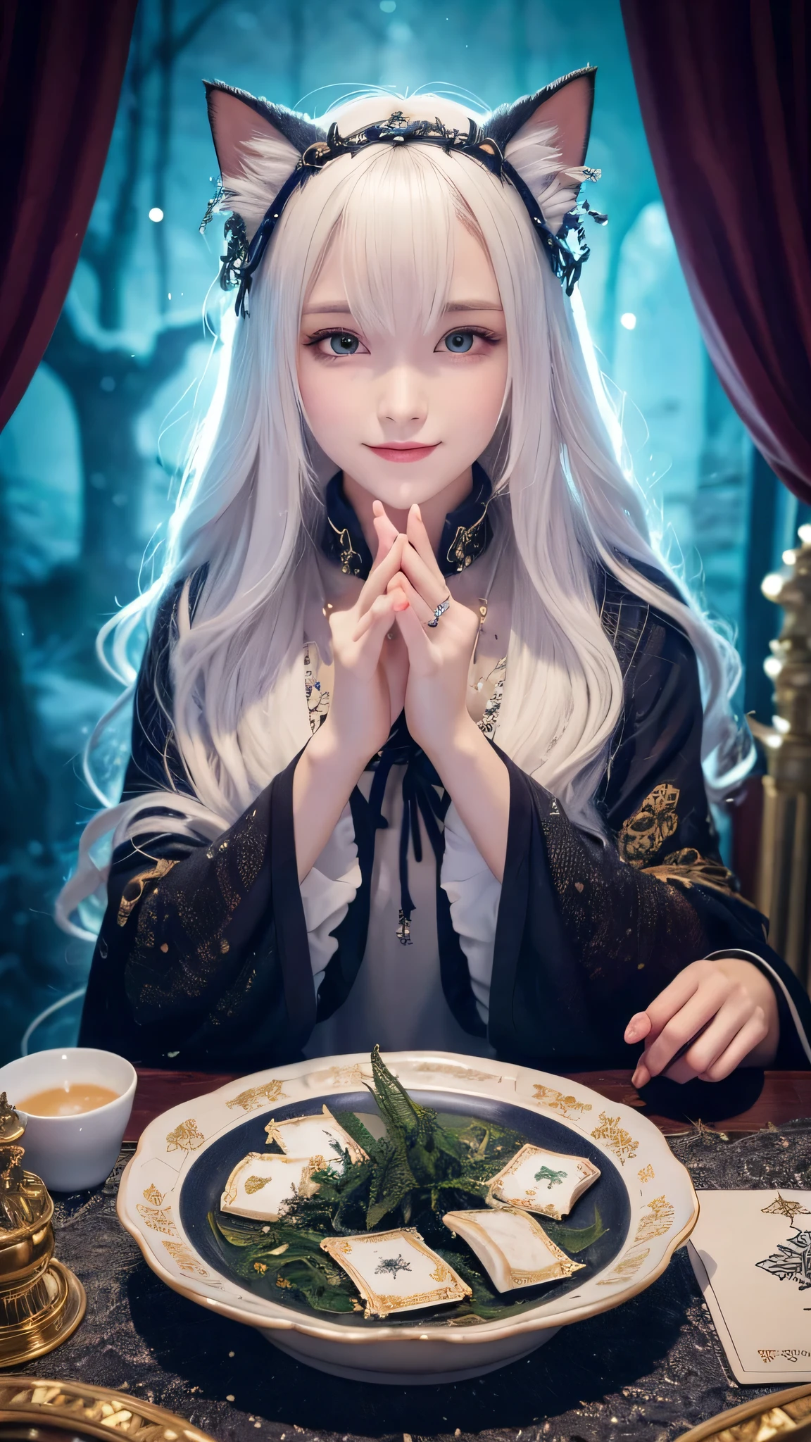 (masterpiece, highest quality, highest quality, official art, beautiful and aesthetic: 1.2), (one girl: 1.3), wavy long hair, white hair, Cat ears on the head,highly detailed portrait, highly detailed hands, looking at the viewer, alone, (whole body: 0.6), detailed background, close, shining eyes, (cold arctic winter theme: 1.1), fortune teller, Charlatan, grin, Mysterious, sitting at the table, カラフルな肩のないゆるいジプシーfortune tellerの服, holy grail, tarot cards, Crystal jade, Medieval (inner tent: 1.1) background, tent curtain on background, dark Mysterious lighting, Shadow, magical atmosphere, starry night, dutch angle, healing and guidance, transcendental beauty, fractal art, Seaweed,