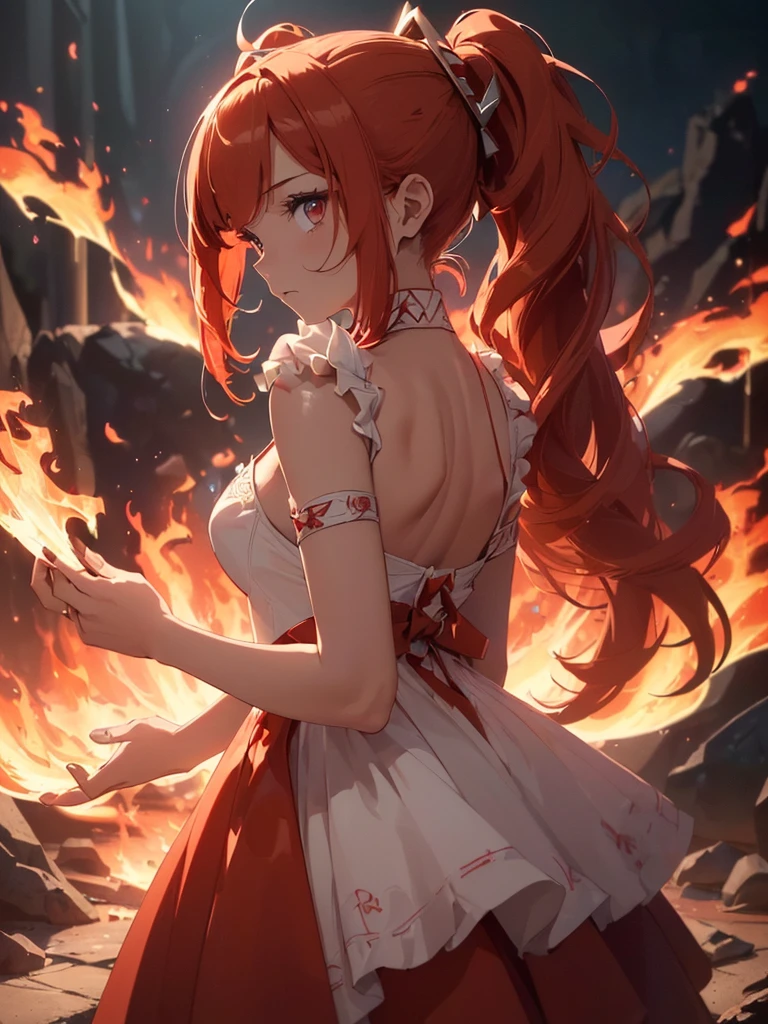 (((best quality, sharp image, clear image, cinematic lighting, 8k resolution, masterpiece, ultra detailed, intricate))) Girl, (((looking over right shoulder))), (shot from behind), ((half shot)), fiery red hair, pigtails, (white dress), ((flaming sigils, flaming runes)), spiky rock formations, flaming lotus flowers, busy background, (swirling flames).
