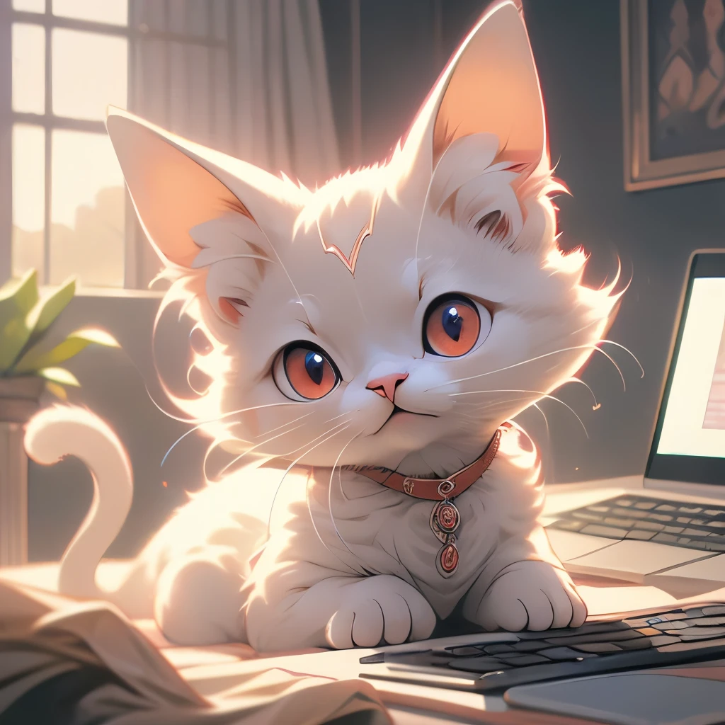 araffe cat sitting on a blanket in front of a laptop computer, a pastel by Alexander Brook, reddit, renaissance, he has short curly brown hair, hyperdetailed!!, hyper detailed!!, sphinx cat, hyperdetailed!!!, large red eyes!!!, he has an elongated head shape, gorgeous features, hairless, looking defiantly at the camera