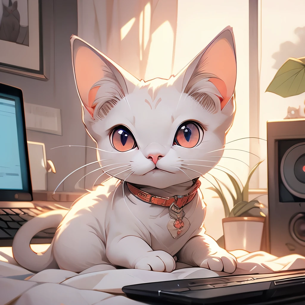 araffe cat sitting on a blanket in front of a laptop computer, a pastel by Alexander Brook, reddit, renaissance, he has short curly brown hair, hyperdetailed!!, hyper detailed!!, sphinx cat, hyperdetailed!!!, large red eyes!!!, he has an elongated head shape, gorgeous features, hairless, looking defiantly at the camera