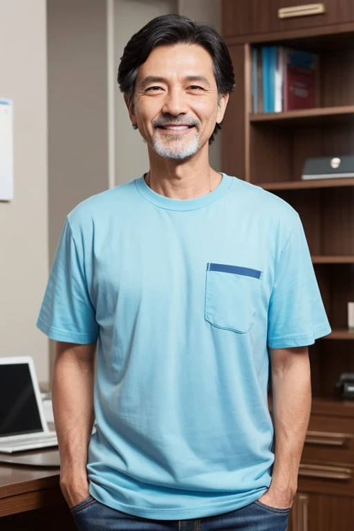 A kind and approachable older man in his mid-50s. He has short, neatly combed black hair and a warm smile. He is dressed in a casual outfit, wearing a simple t-shirt and comfortable jeans. He exudes an air of wisdom and reliability, making him look like a trustworthy mentor. The background should be a modern office setting to emphasize his professional experience.stand up