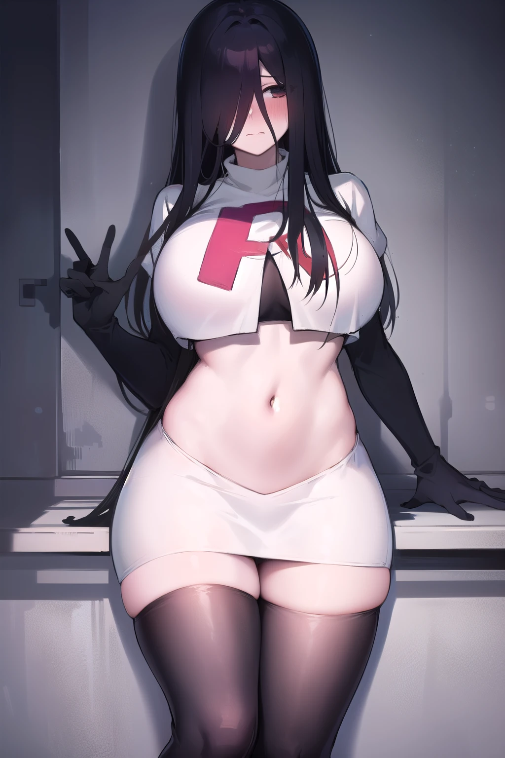 masterpiece, detailed, high quality, absurdres, sadako, (hair over eyes), pale skin, blush, large breasts, curvy, navel, stomach, groin, team rocket,team rocket uniform,white skirt,red letter R,crop top,black thigh-highs,black elbow gloves, cowboy shot,