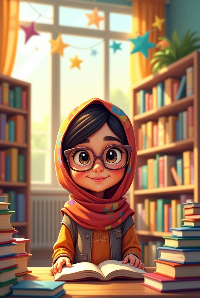 A cartoon image of a 7-year-old Iranian veiled girl with glasses who is in charge of the library at school