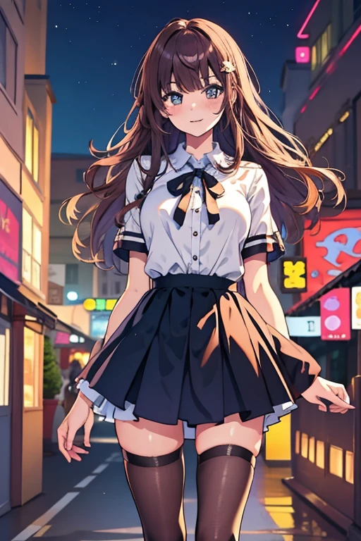 One person, Height: 165cm,Chestnut Hair, Half-up hairstyle, Asymmetrical bangs, Large Breasts, smile, Droopy eyes, high school uniform,Anime Style, Nice body,Full body portrait,Medium Hair,