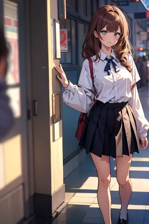 One person, Height: 165cm,Chestnut Hair, Half-up hairstyle, Asymmetrical bangs, Large Breasts, smile, Droopy eyes, high school uniform,Anime Style, Nice body,Full body portrait,Medium Hair,