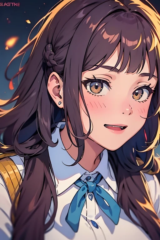 One person, Height: 165cm,Chestnut Hair, Half-up hairstyle, Asymmetrical bangs, Large Breasts, smile, Droopy eyes, high school uniform,Anime Style, Nice body,Full body portrait,Medium Hair,