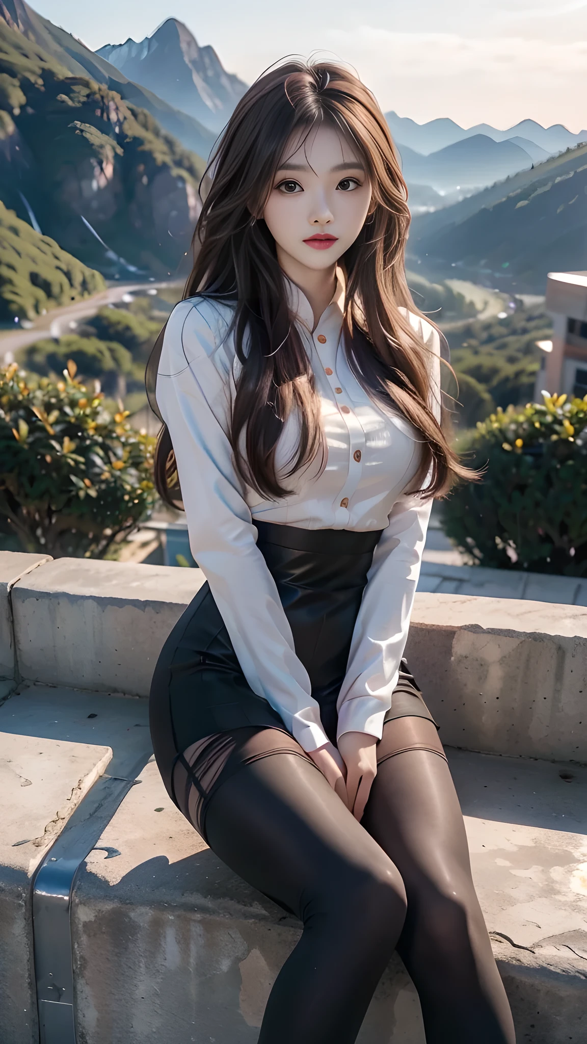 ulzzang-6500-v1.1, (RAW photo: 1.2), (Real photo), (Real photo: 1.4), 1 girl、Perfect anatomy、19 years old、Looking at the camera、Medium length hair、Uniform dress, watching the sunset, ((in the mountains: 1.1))、(Hyperrealistic tights: 1.2), (Business service)、Asian eyes Ella,