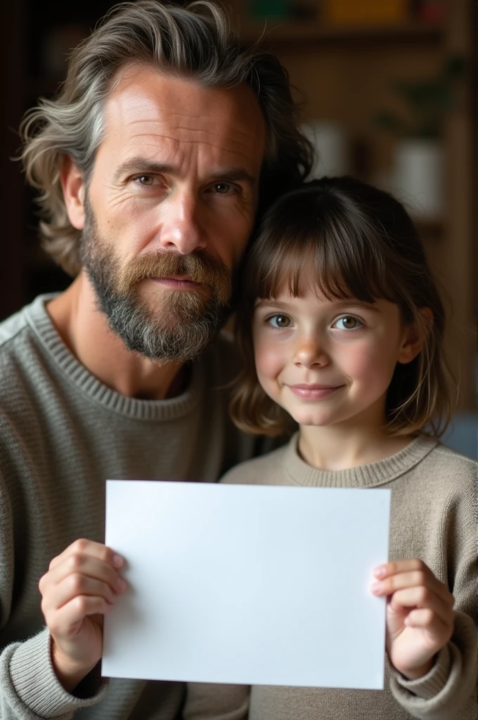 A somewhat serious father looking at the camera next to his short-haired, young daughter holding a plain white sign., realism 
