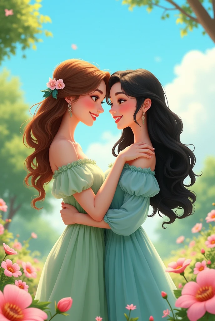 Create an animated image of a young lady with white skin and wavy brown hair, who is wearing a pastel green dress, and another young lady with white skin, with wavy black hair and a pastel blue dress.