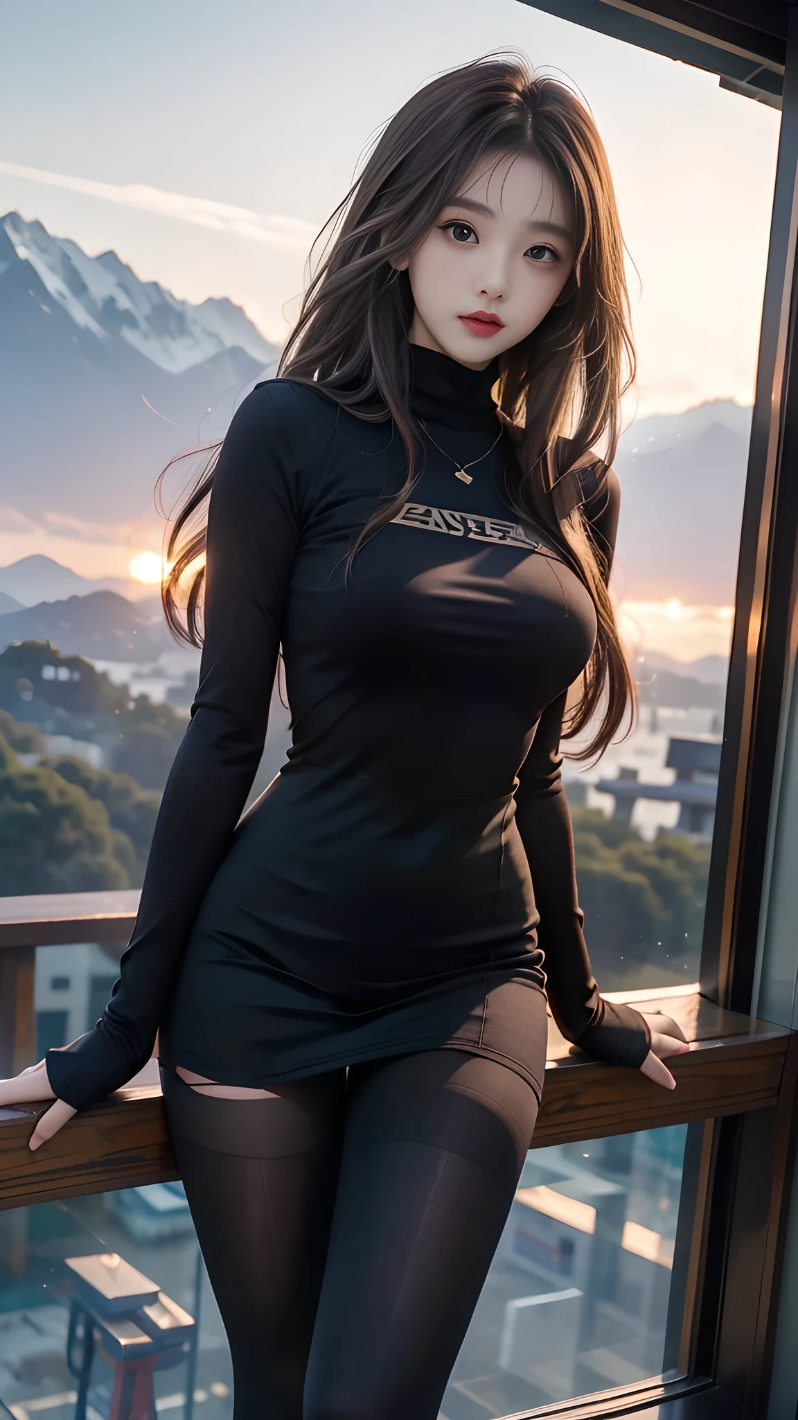 ulzzang-6500-v1.1, (RAW photo: 1.2), (Real photo), (Real photo: 1.4), 1 girl、Perfect anatomy、19 years old、Looking at the camera、Medium length hair、Uniform dress, watching the sunset, ((in the mountains: 1.1))、(Hyperrealistic tights: 1.2), (Business service)、Asian eyes Ella,