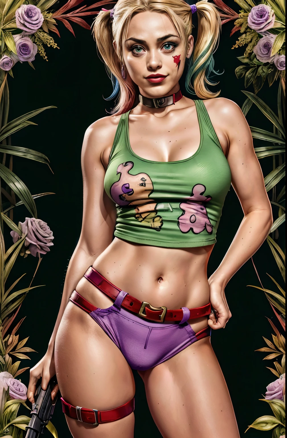 (ultra real), (illustration), (high resolution), (16K), (very detailed), (Best illustration), (Beautifully detailed eyes), (best quality), (มีvery detailed), (Masterpiece), (Wallpaper), (detailed face), Night Up Upper Body,armpit, ice cream,alone, Harley Quinn, 2-color hair, green, purple, Two-tone tank top girl, green, purple, simple, Sweating, Holding a gun, European, Big breasts , (camel toe) Harley Quinn