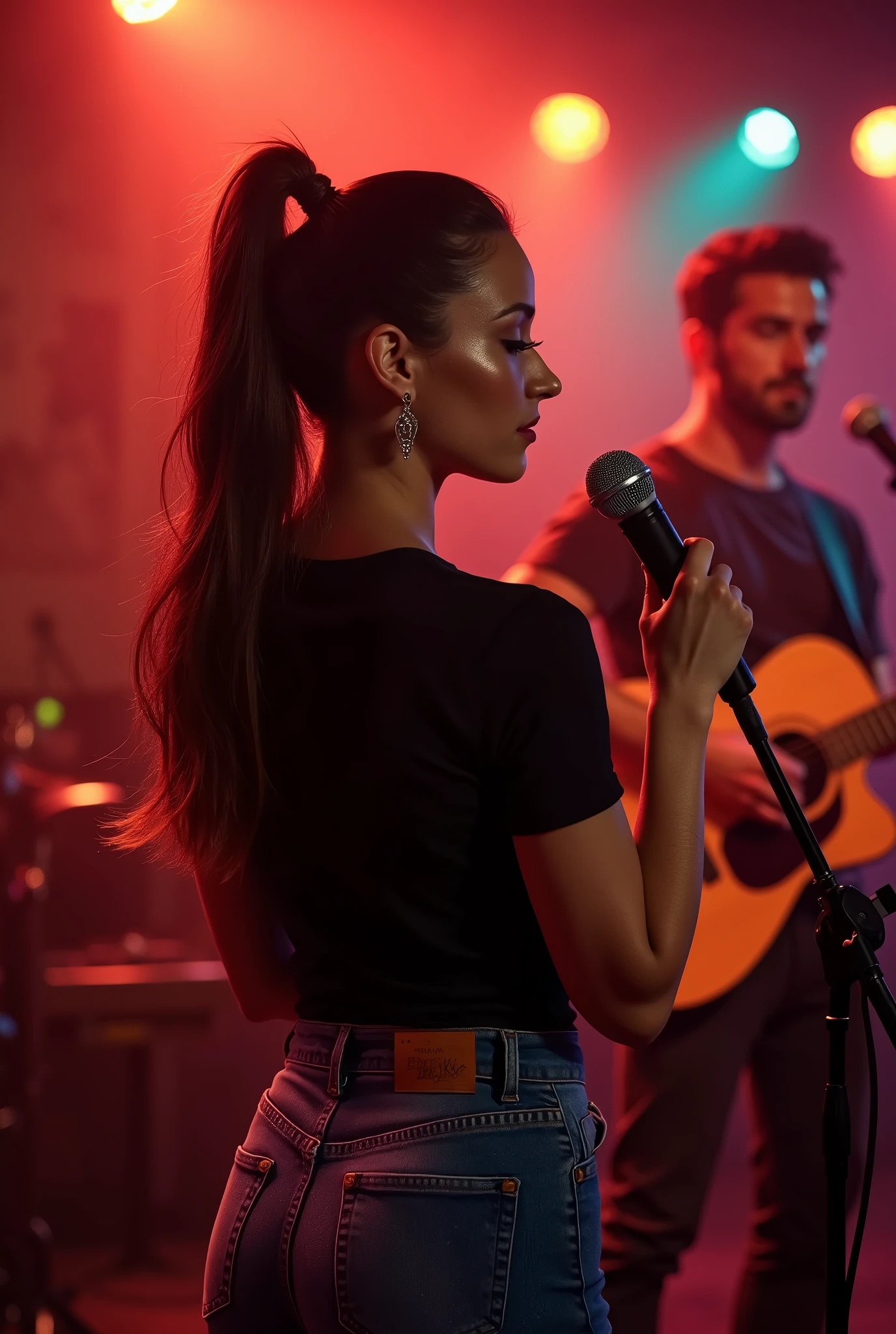 HDR((best quality)), ((masterpiece)), (detailed), very  beautiful woman(sexy curve body), pony tail hairstyle, wearing a black t-shirts and jeans, she is going  to singing(hanging a mic), performe at live music cafe with the accoustic bands, in the cafe room(realistic)