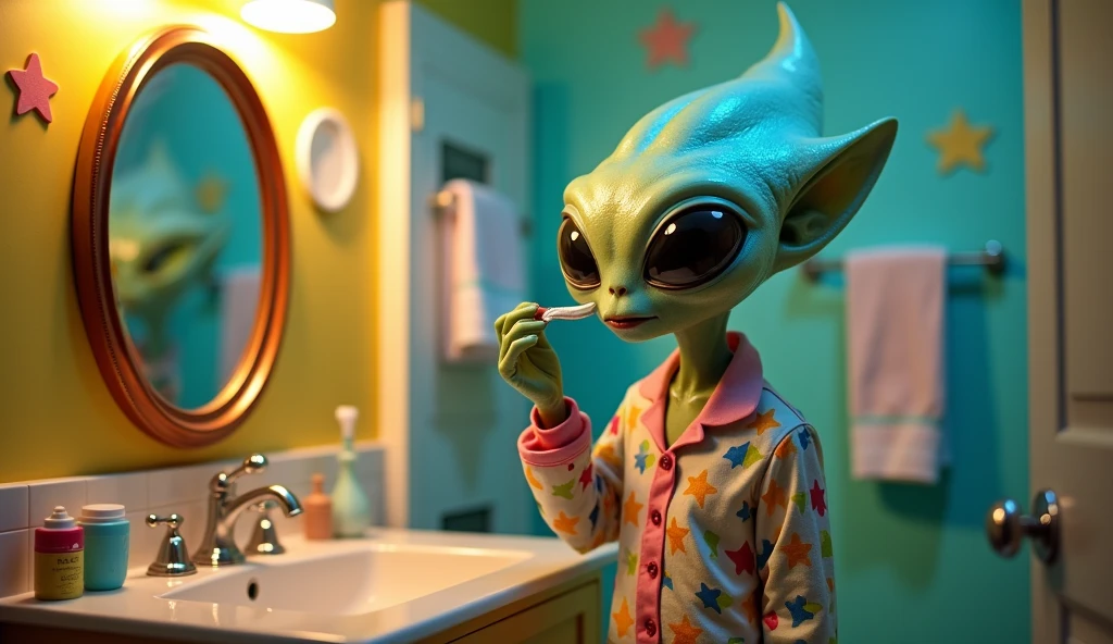 The alien is wearing pajamas. He's in the bathroom brushing his teeth in front of the mirror. He has a high cap on his head. The image is positive, with a sense of humor. High quality, Realistic, 16 KB resolution, Nikon Z9, Digital photography, ultratextured skin, Realistic photography, Cinematic effect, soft light, soft shadows, high-quality surround lighting