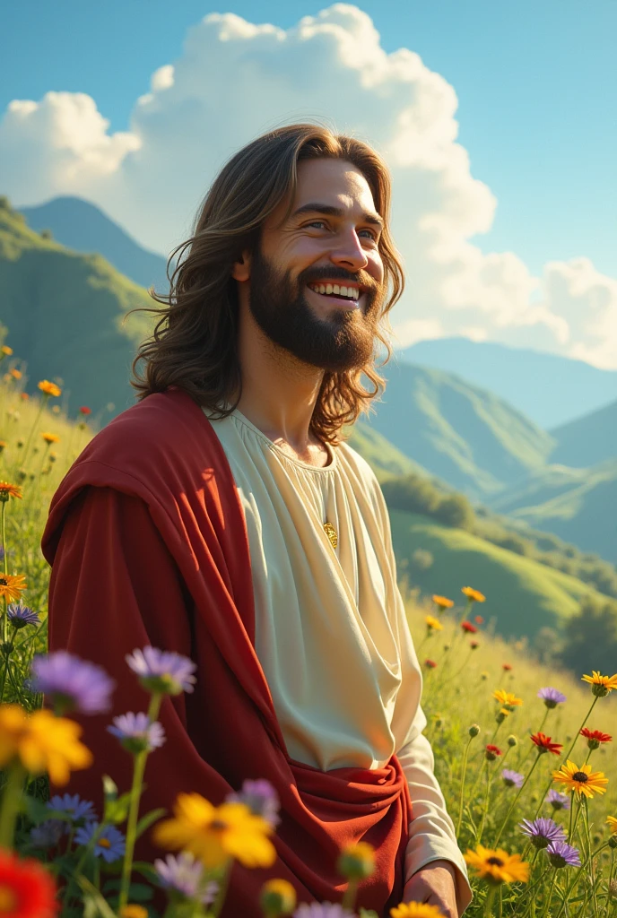 Wonderful Jesus Christ with a smile on his face against the background of a wonderful landscape