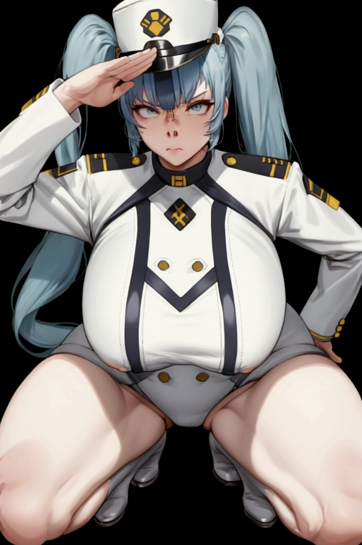 (privacy),(Light blue hair)、(Long twin tails)、(White tight military uniform),(White military cap)、(True to prompts)、(salute)、(Nose hook)、(Squat)、(Spread your legs)、(Glaring with sharp eyes)、(Super big breasts),(Busy Street)、(Many people々々々々々々々々々々々々)、(sunny)、(blue sky)、(Best lighting)、{{{Browsing Caution}}}、{{{masterpiece}}}, {{{Highest quality}}}, {{ultra-detailed}}, {{shape}}, {{{Very delicate and beautiful}}},{{extremely detailed CG}}、{{unity 8k portrait}}、{{Fabric Shading}}、{{super detailed skin}}、{{Perfect Anatomy}}、{{detailed}}、{{Dynamic Lighting}}、{{{beautiful detailed eyes}}}、{{{beautiful detailed Face}}}、(Perfect Legs)、(Perfect breasts)、(Perfect pose)、(Perfect body)