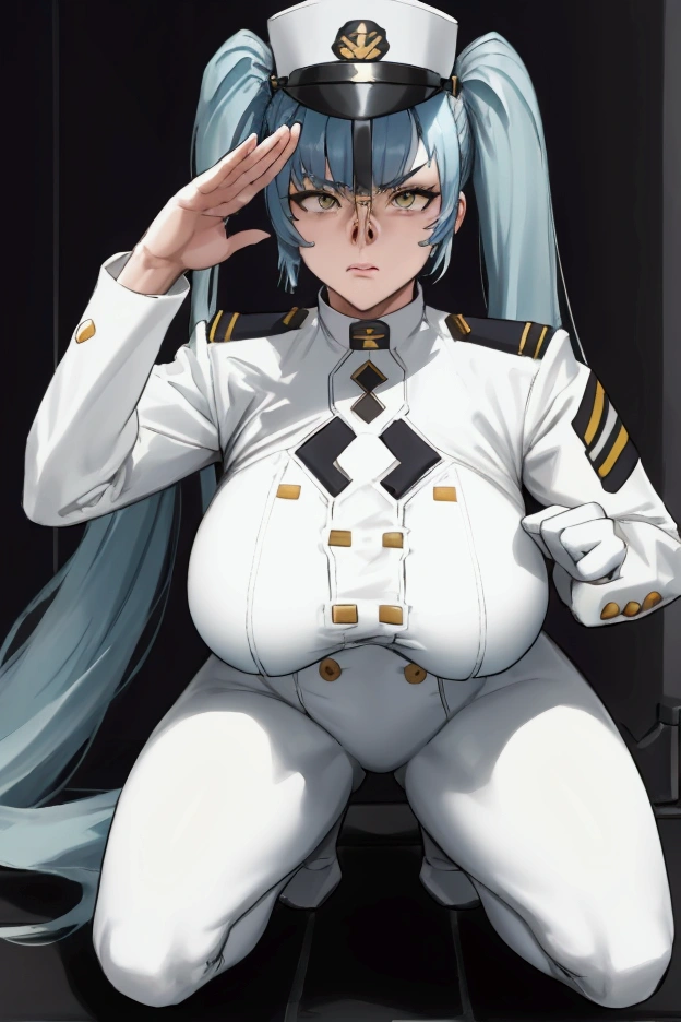 (privacy),(Light blue hair)、(Long twin tails)、(White tight military uniform),(White military cap)、(True to prompts)、(salute)、(Nose hook)、(Squat)、(Spread your legs)、(Glaring with sharp eyes)、(Super big breasts),(Busy Street)、(Many people々々々々々々々々々々々々)、(sunny)、(blue sky)、(Best lighting)、{{{Browsing Caution}}}、{{{masterpiece}}}, {{{Highest quality}}}, {{ultra-detailed}}, {{shape}}, {{{Very delicate and beautiful}}},{{extremely detailed CG}}、{{unity 8k portrait}}、{{Fabric Shading}}、{{super detailed skin}}、{{Perfect Anatomy}}、{{detailed}}、{{Dynamic Lighting}}、{{{beautiful detailed eyes}}}、{{{beautiful detailed Face}}}、(Perfect Legs)、(Perfect breasts)、(Perfect pose)、(Perfect body)